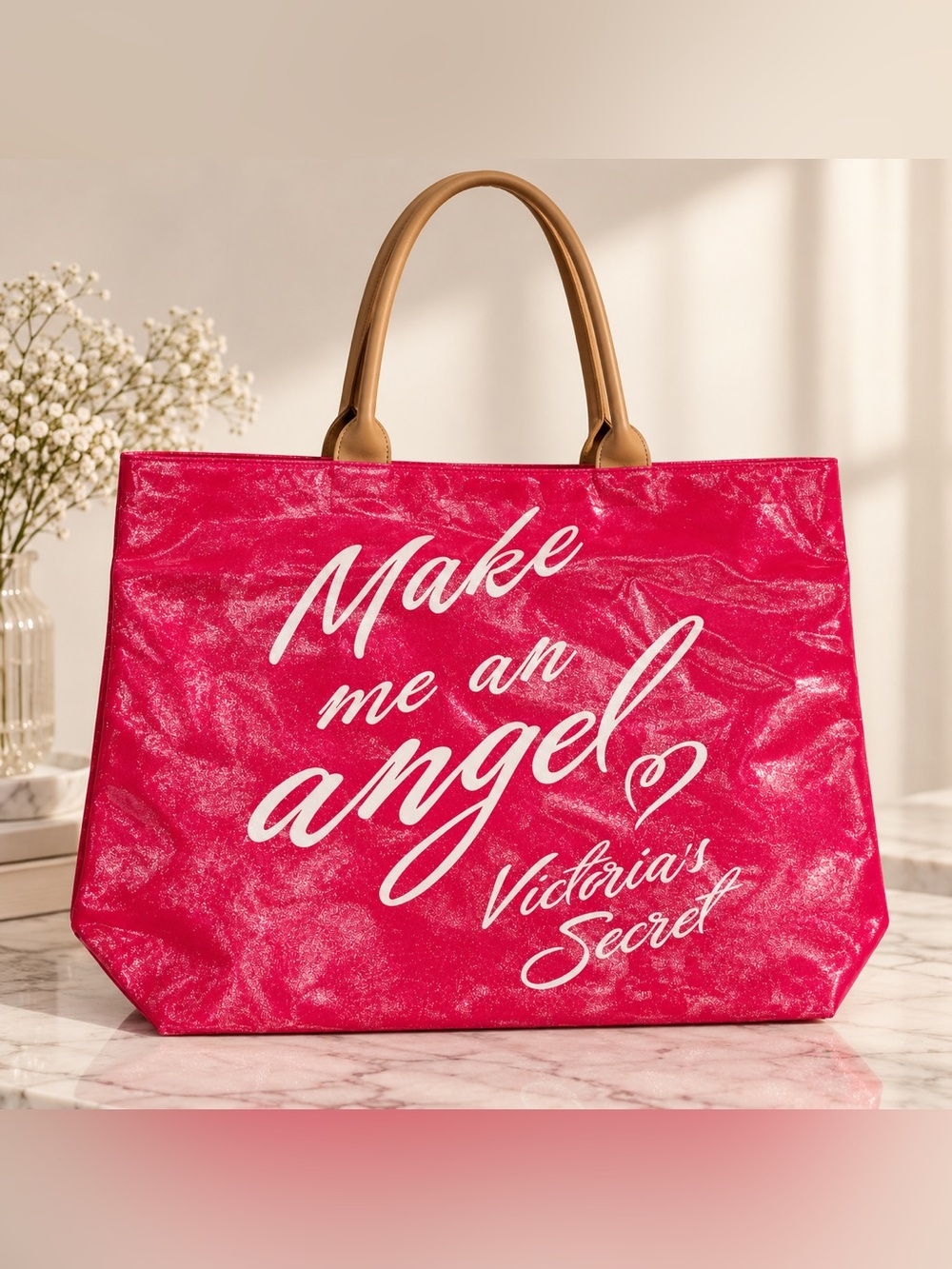 Victoria's Secret Hot Pink Tote with Tan Handles